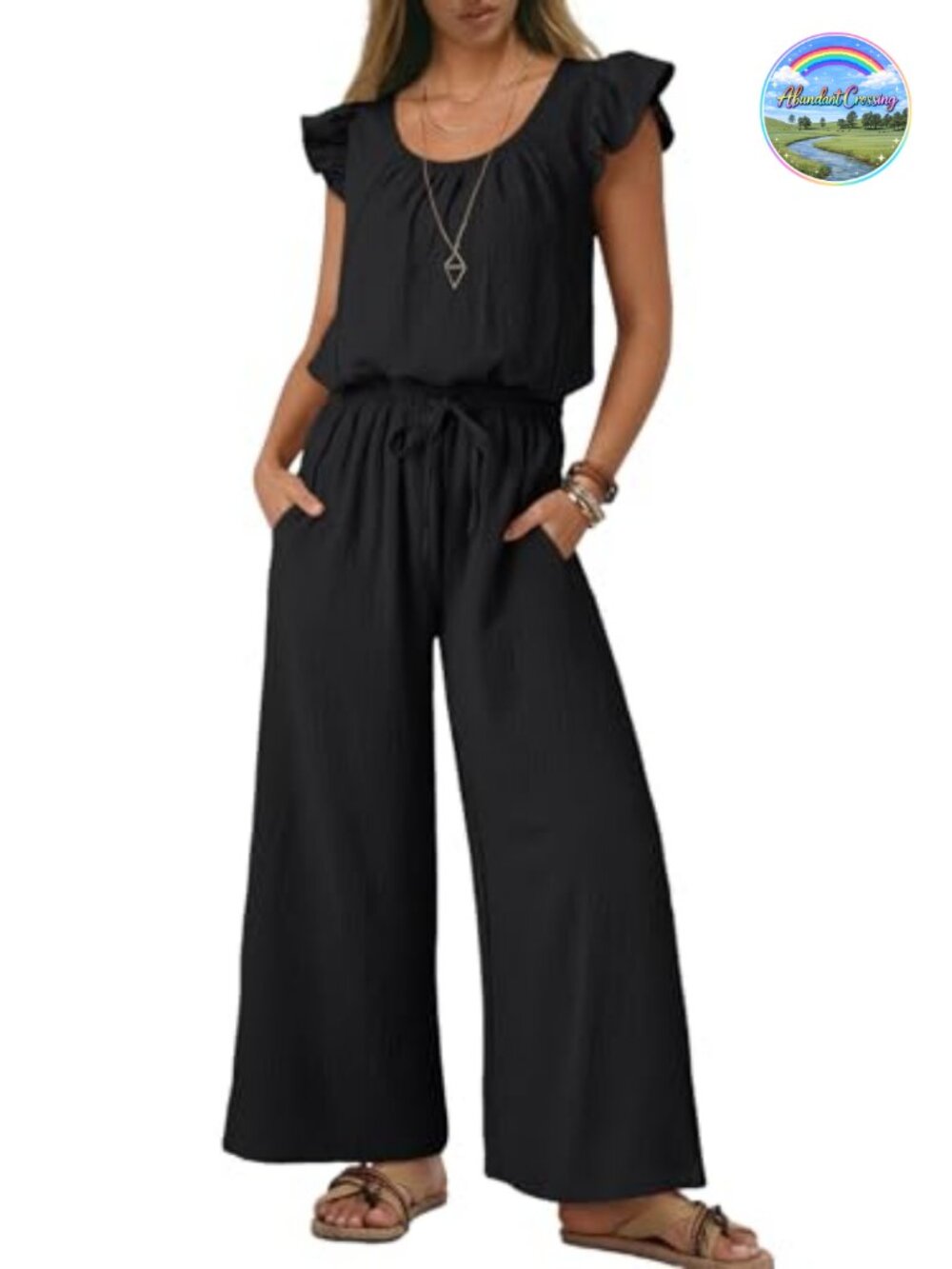 Women's Wide Leg Jumpsuit Square Neck Ruffle Sleeve Drawstring Romper